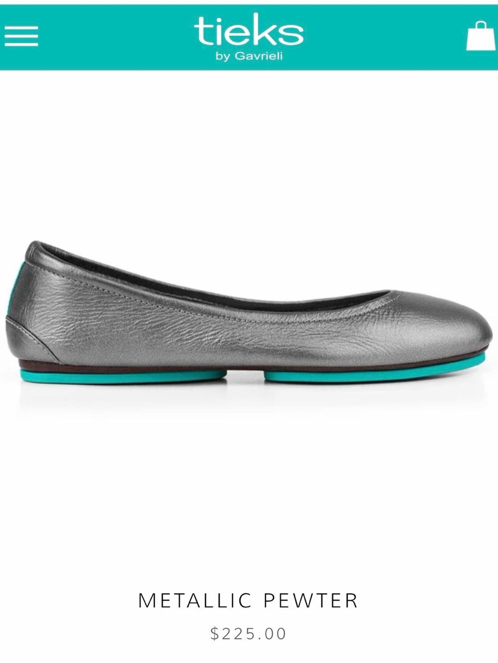 Tieks Metallic Pewter Ballet Flat with Teal Soles